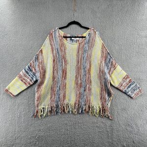 Laurie Felt Womens Baja Sweater with Fringe Hem Detail Orange Blue Yellow